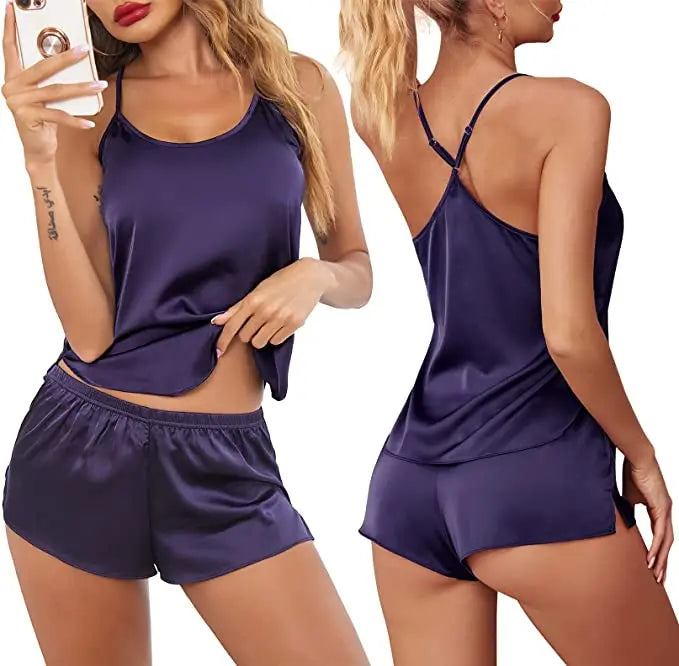 Conjuntos de pijama de satén y encaje sexy para mujer, ropa de dormir, tops sin mangas + pantalones cortos, conjuntos de 2 piezas de pijama para mujer