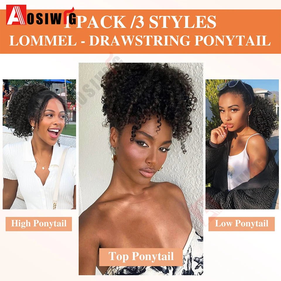 Goma elástica para cola de caballo extendida 25 cm, cola de caballo corta rizada afro, cola de caballo esponjosa para mujer africana, peluca sintética