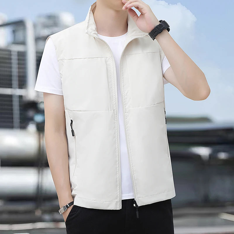 Chaleco de hombre para primavera y otoño sin mangas con múltiples bolsillos, chaleco holgado para usar en verano, chaleco fino para ca