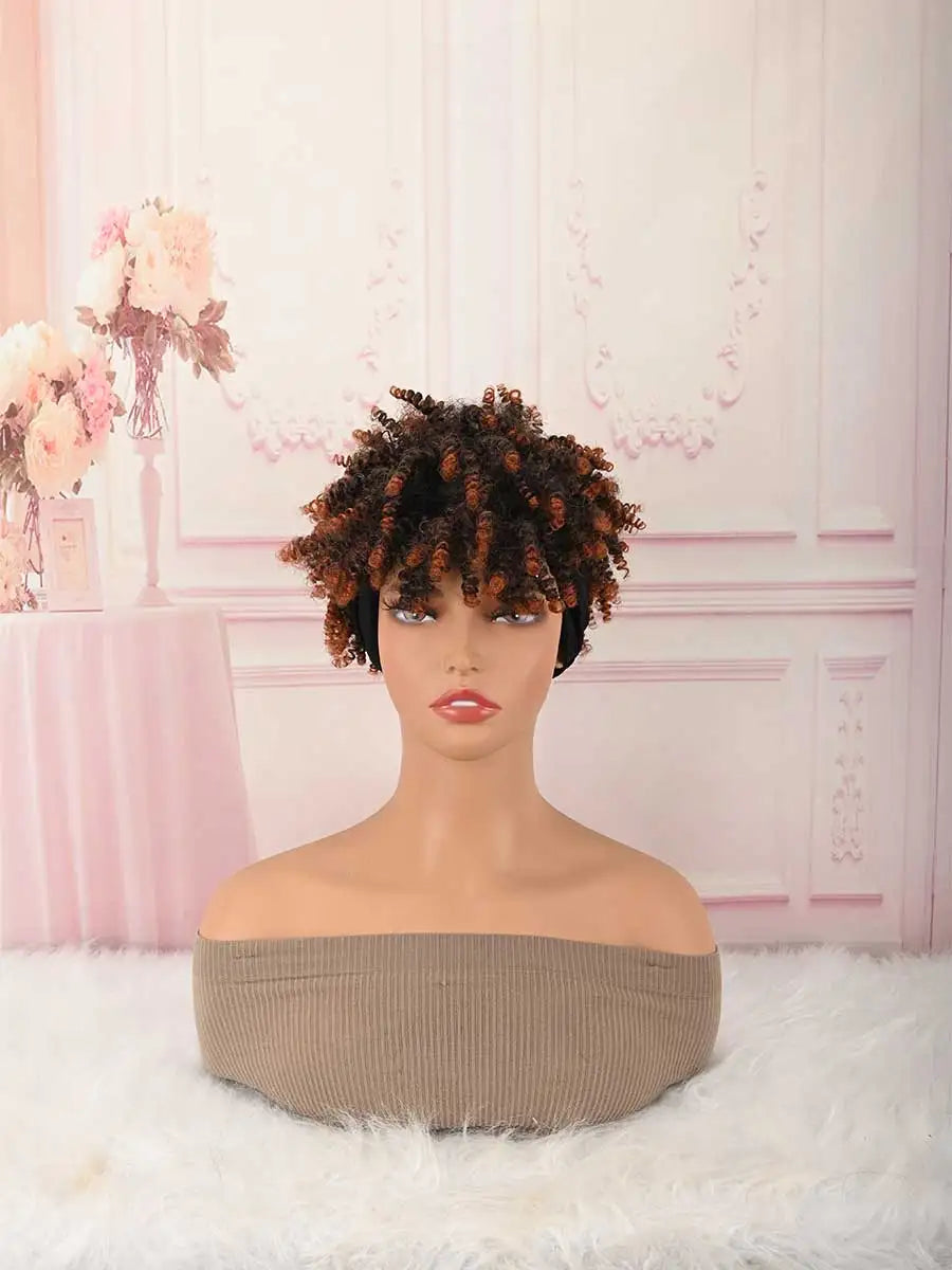 Headband Wig Curly Headband Wig With Bangs For Women Synthetic Afro Curly Hair Wig With Headband Attached Short Kinky Curly Afro High Puff With Bangs Stripes Short Red Curly Wigs with Bangs for Women, Natural Wavy Synthetic H