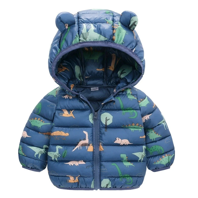 Chaqueta de plumas para niños de 1 a 5 años, de otoño e invierno, con capucha, de dibujos animados, cálida y a la moda, con cremallera, abrigo para niñas, ropa infantil