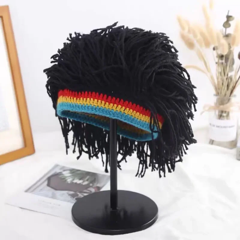 African Men Women Jamaican Braid Wig Knitted Hat Handmade Dreadlocks Hair Synthetic Wig Halloween Cosplay Party Wig Headwear
