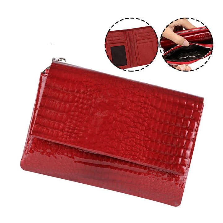 Cartera de lujo para mujer de cuero charol, estilo euro-americano, monedero, cartera de diseñador de piel de vaca con patrón de cocodrilo, compacta y de alta calidad.