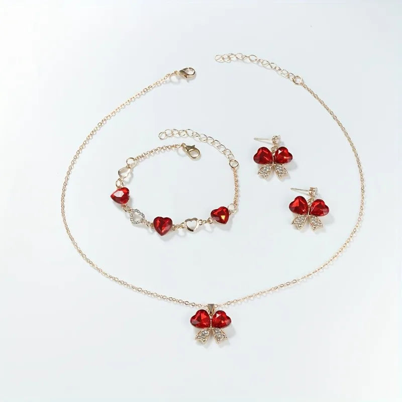 Juego de 4 piezas/set de collar, pulsera y pendientes de lazo de amor de color rojo de moda, adecuado para regalos de joyería para fiestas de San Valentín de mujer