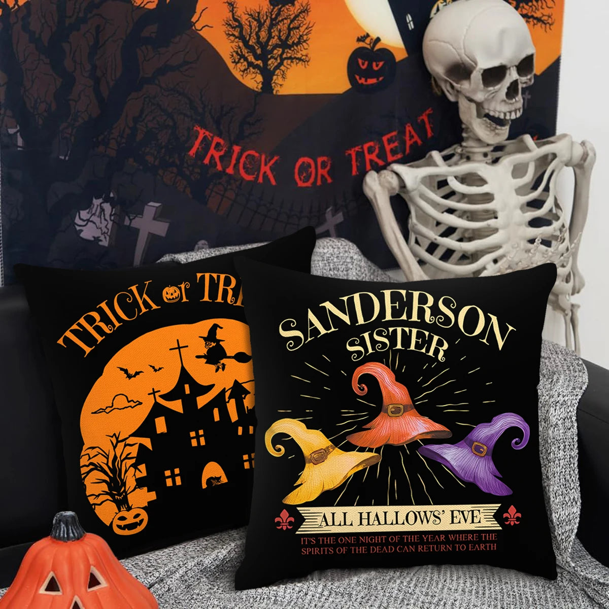 1 ud./4 Uds. Funda de almohada decorativa de Halloween, funda de cojín de truco o trato, fantasma, cabeza de calabaza, funda de cojín de sofá con decoración de murciélago