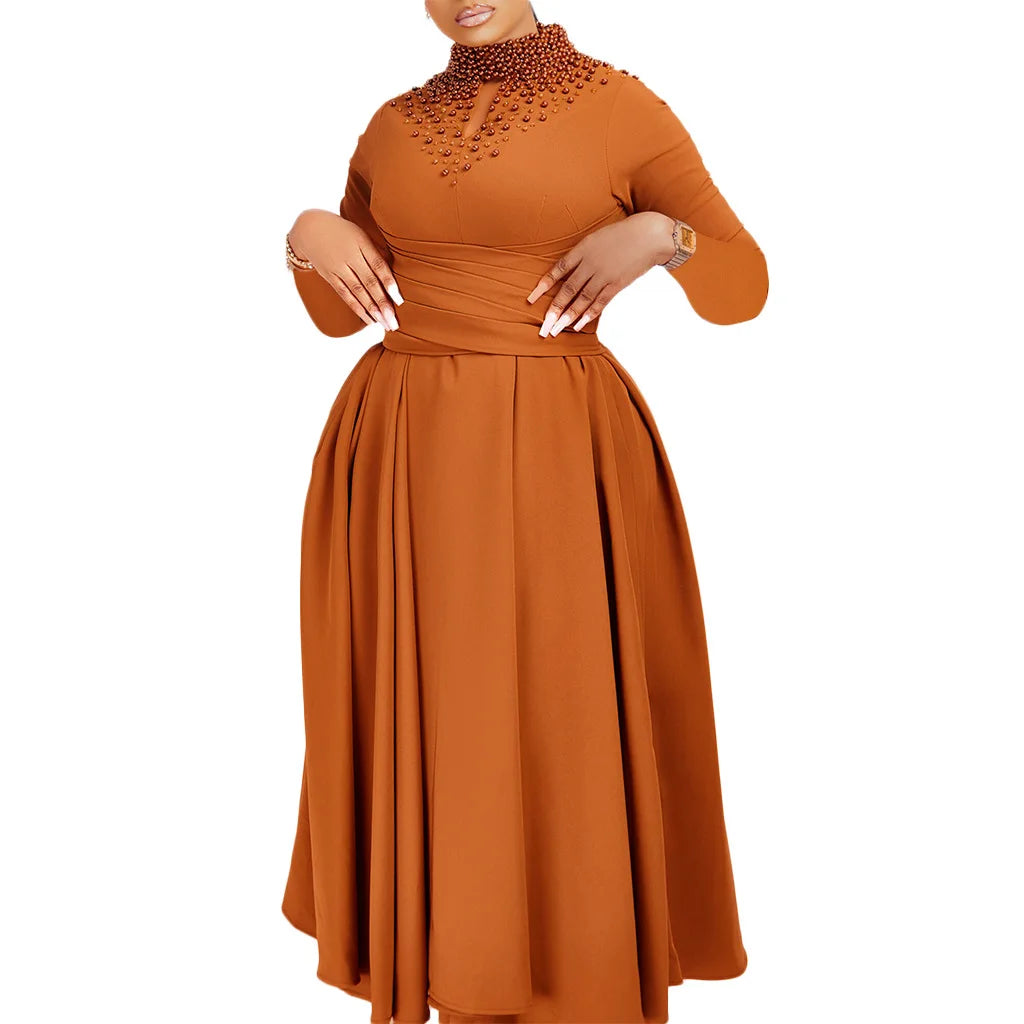 Vestido Elegante Africano para Mujer, Vestidos de Noche con Cuello Alto y Cuentas a la Moda, Vestido Delgado de Temperamento para Mujer, Vestidos Casuales de Manga Larga