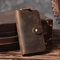 Cartera de lujo hecha a mano de cuero genuino Crazy Horse para hombre, cartera pequeña de cuero para hombre, monedero corto con clip para billetes, bolsa para dinero, café negro