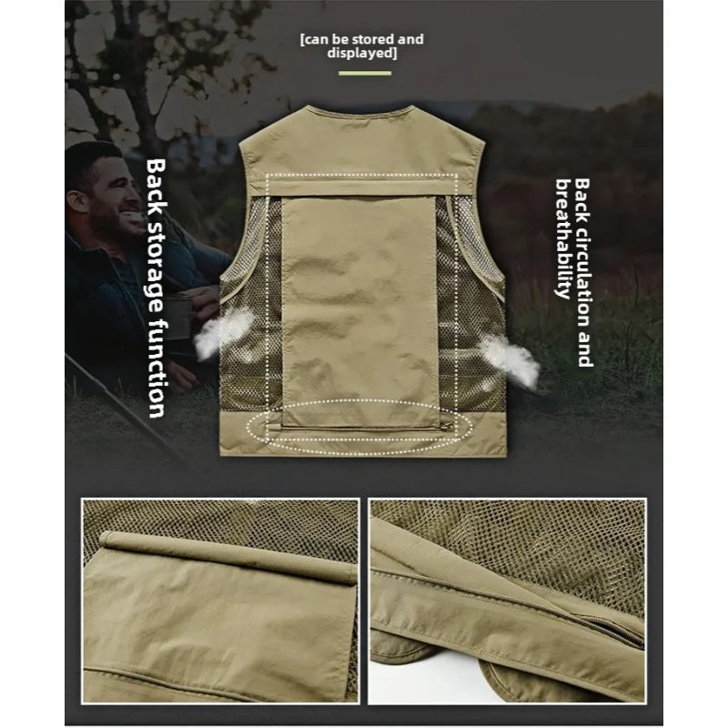 Chaleco de hombre, verano, casual, para fotografía, pesca, chaleco multibolsillos, de ocio al aire libre, para montañismo, sin mangas, con cuello en V, logotipo personalizado
