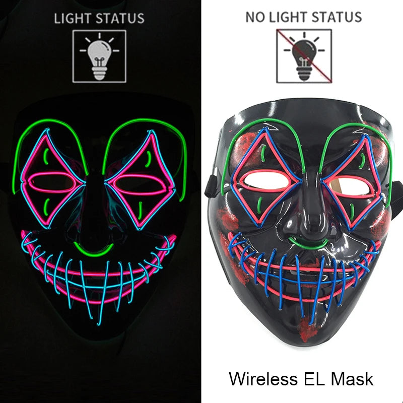Máscara de purga LED de neón inalámbrica, que brilla en la oscuridad, máscara de cosplay de terror para Halloween, máscaras de fiesta de disfraces, accesorios luminosos divertidos