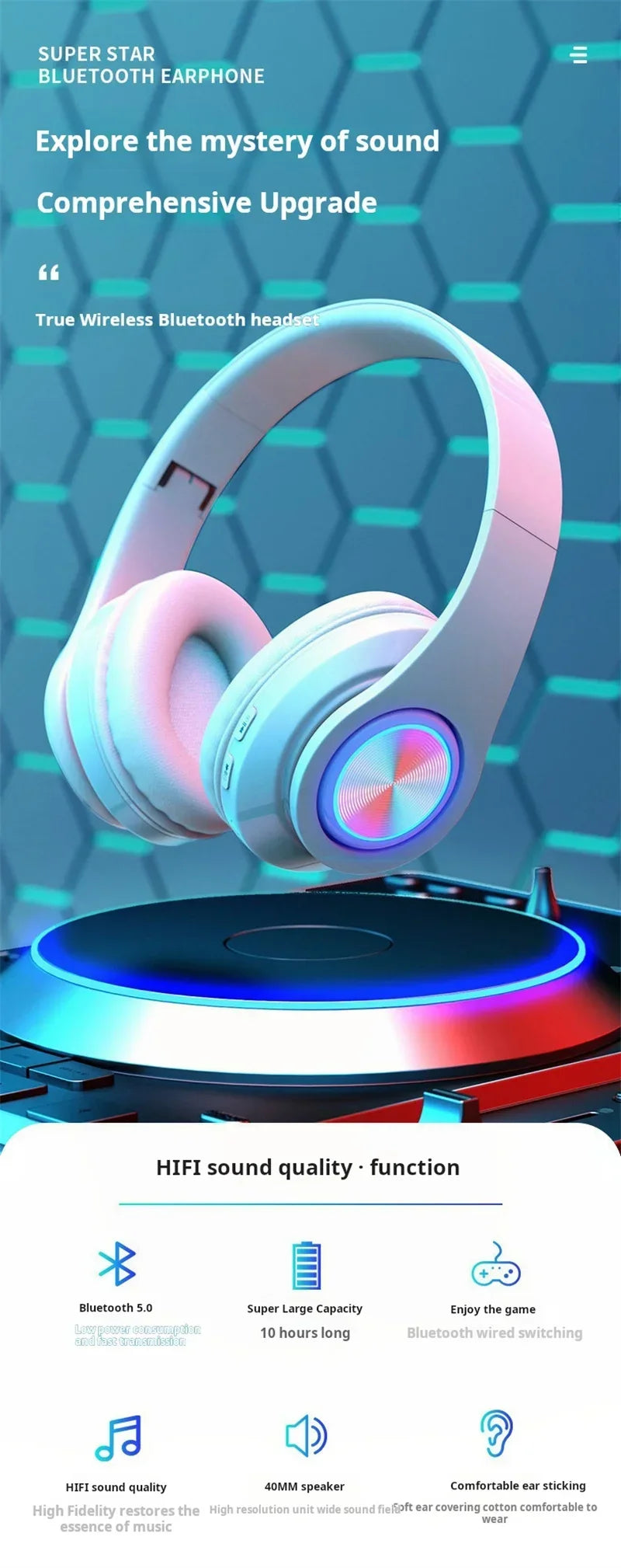 Casque de jeu stéréo sans fil Bluetooth avec micro intégré pour PC et ordinateur portable