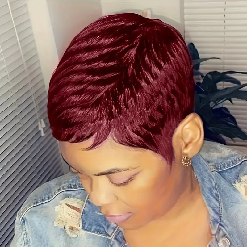 natural black/99j/27 color 150% density 4inch machine made remy hair wigs for women short layered pixie cut human hair wig