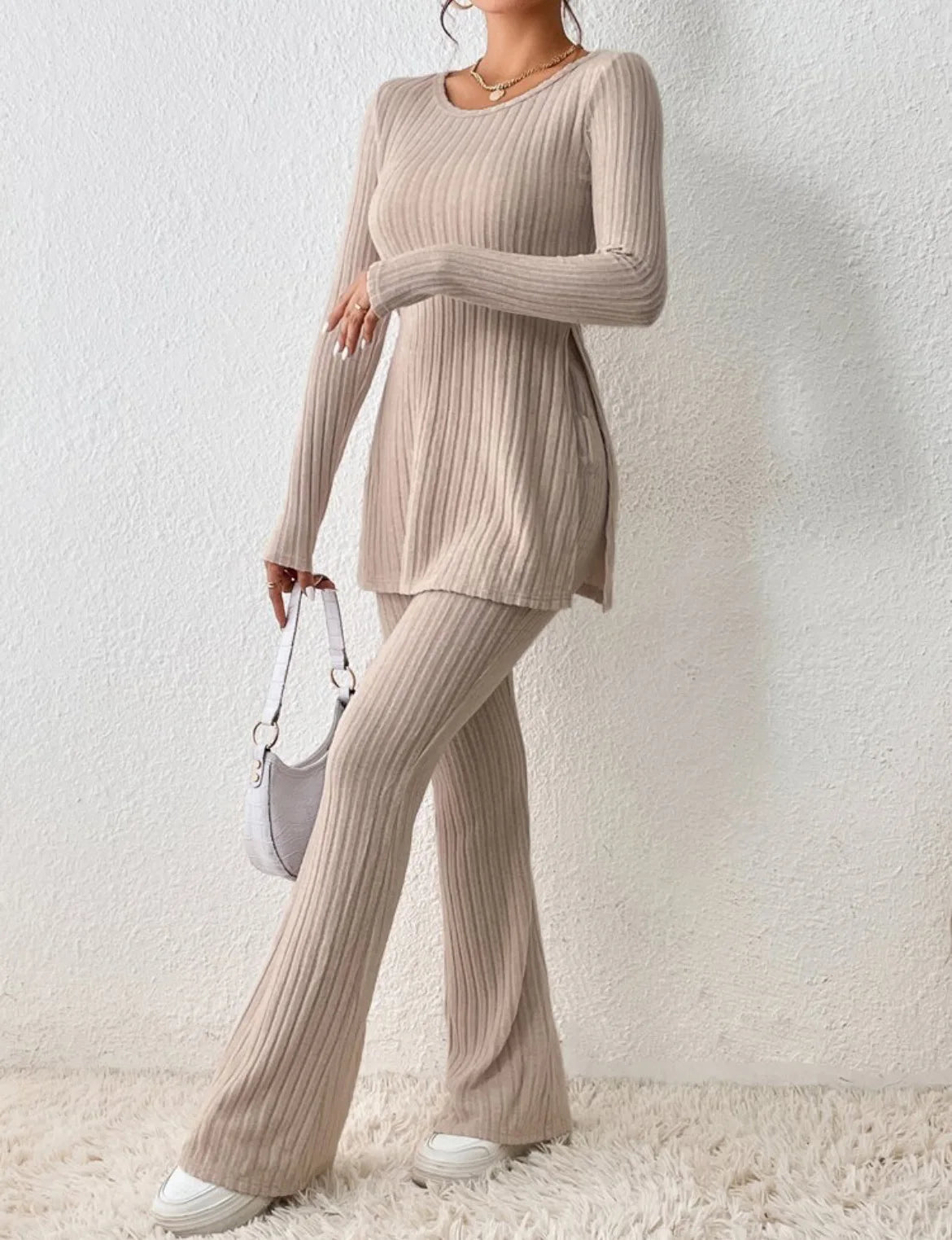 Ropa de Mujer Otoño Invierno Nuevo Estilo Color Sólido Sexy Casual Manga Larga Cuello Redondo Rajado Moda Temperamento Conjunto de Dos Piezas