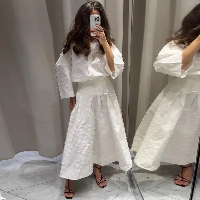 Conjunto de Falda Larga y Camisa con Borlas de Verano para Mujer Elegante Blanco Suelto Cintura Alta Plisada Maxi Faldas Trajes 2025 Ropa de Calle para Oficina