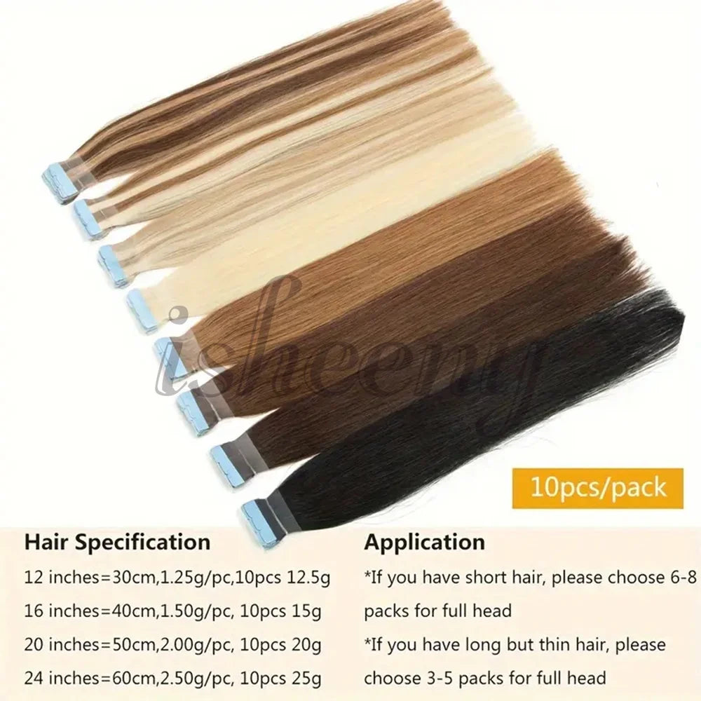 Mini Tape in Human Hair Extensions Machine Remy Adhesive Seamless Tape In Hair Straight Hair Extensions 10pcs/pack 12-24 Inches