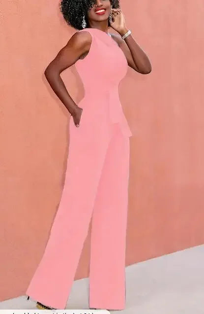 Damejumpsuit Ensfarget Skjev Krage Avskåret Topp Rette Bukser Belte Sexy Ermeløs Løse Bukser Elegant Sjarmerende Playsuits
