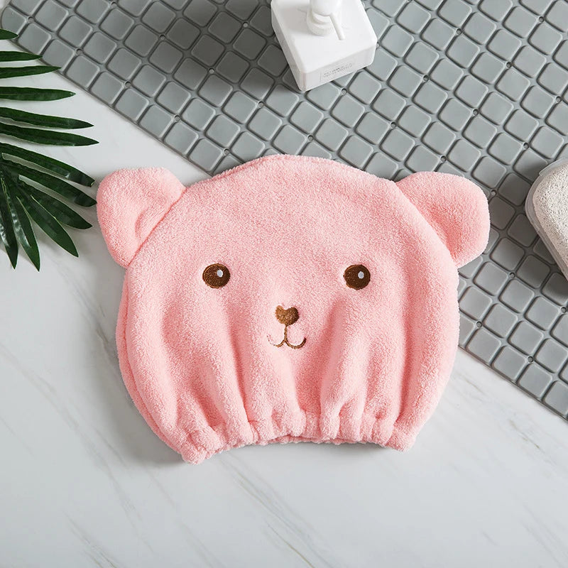 Gorro de pelo seco para mujer, de secado rápido, absorbente, de microfibra gruesa, toalla para la cabeza, gorro de ducha coreano bonito con oso bordado