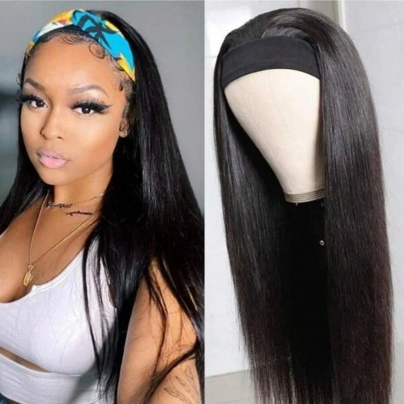 Perruques lisses avec bandeau de 101,6 cm (40 pouces), en cheveux humains vierges brésiliens, confectionnées à la machine, densité 250 %, sans lace front.