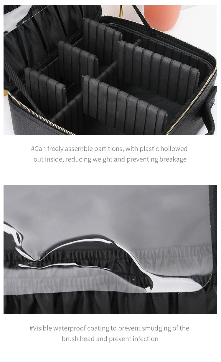 Bolsa de maquillaje, neceser de viaje de gran capacidad, impermeable, organizador de cosméticos con compartimento para brochas de maquillaje y asa para mujer