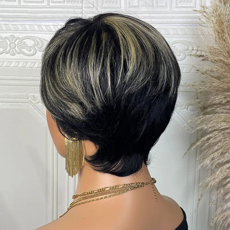 Short Straight Human Hair Wigs Highlight Color Brazilian Remy Hair Pixie Cut Wig Cheap Human Hair Machine Wig For Black Women