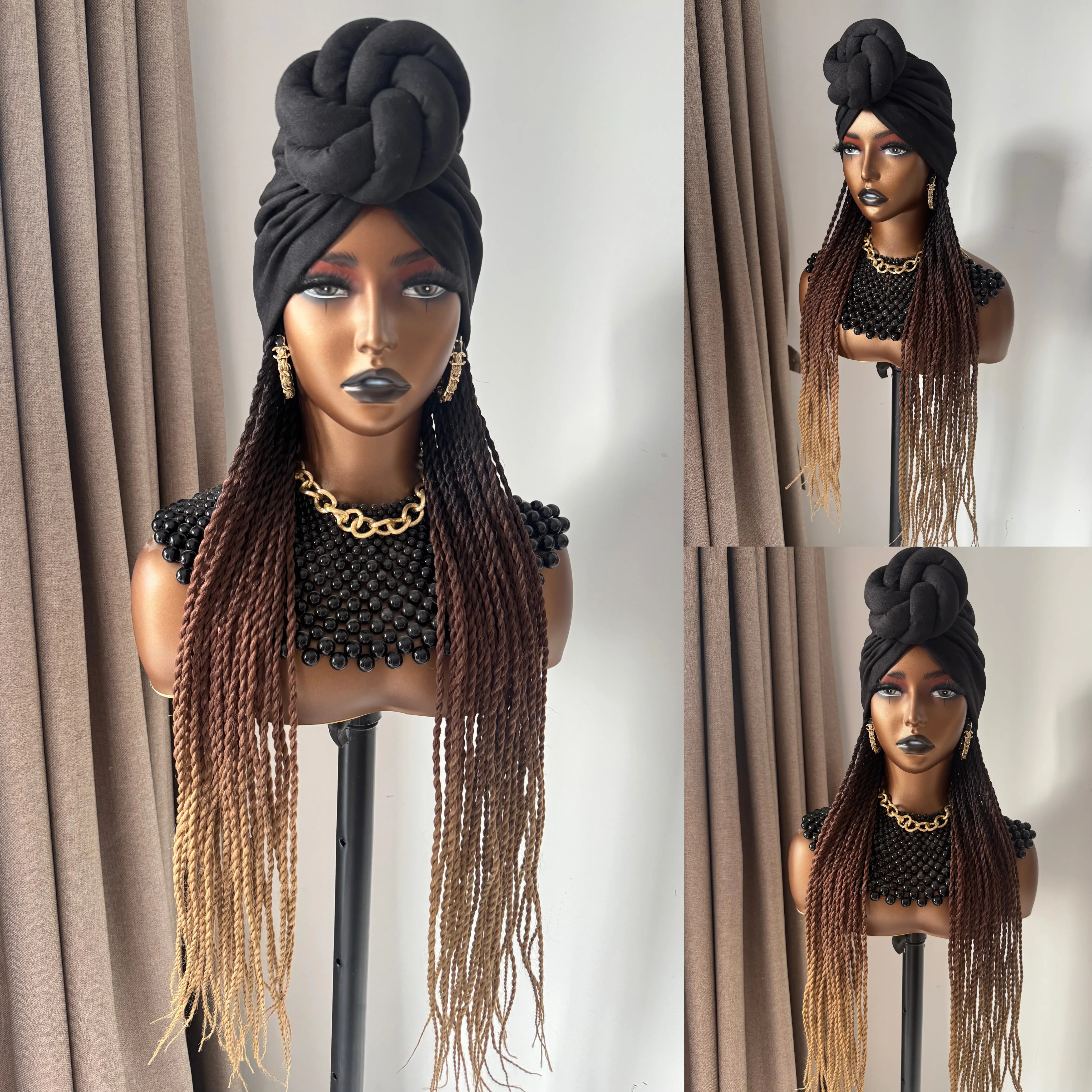 WIGERA Long 24Inch Ombre Fantasy Senegalese Twist Braided Synthetic Wig With Headband Turban Modular Design For Black Women