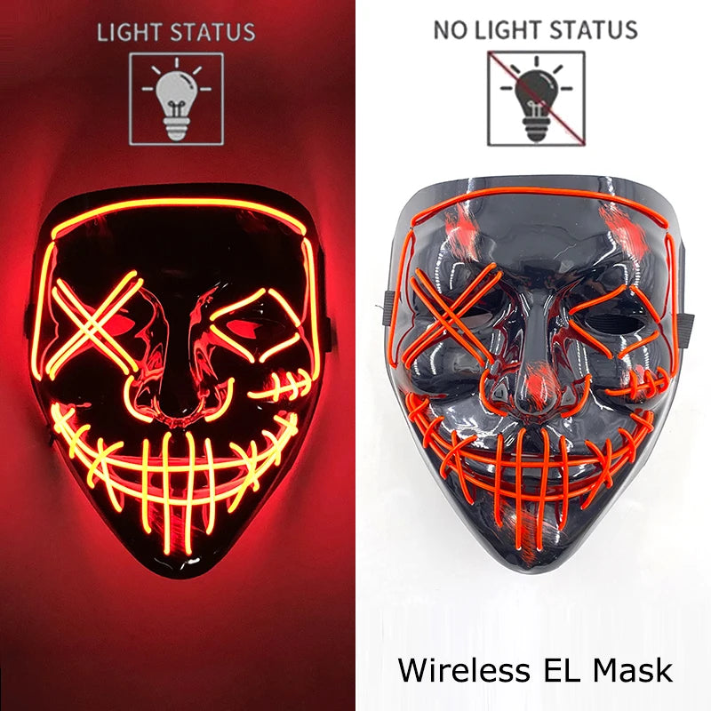 Máscara de purga LED de neón inalámbrica, que brilla en la oscuridad, máscara de cosplay de terror para Halloween, máscaras de fiesta de disfraces, accesorios luminosos divertidos