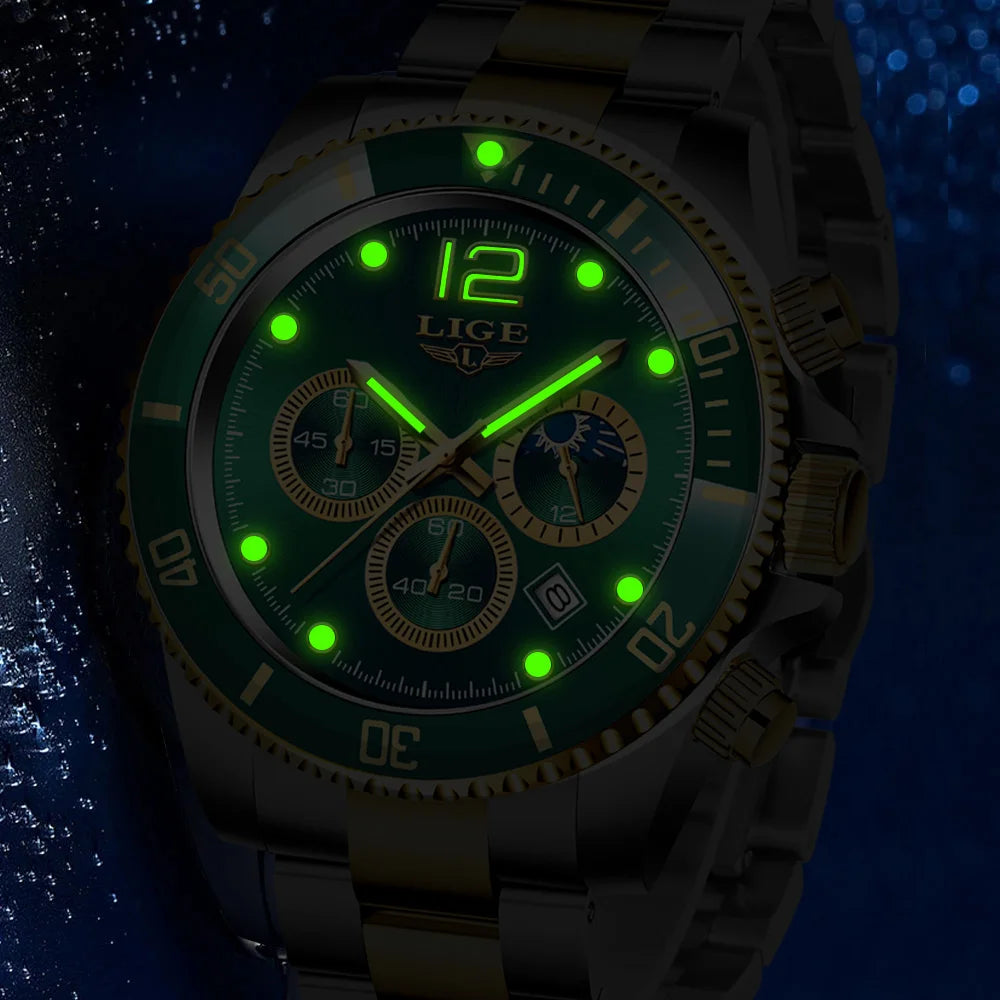 Reloj de hombre LIGE de marca superior, reloj de lujo para hombre, deportivo, resistente al agua, cronógrafo de acero inoxidable, reloj de pulsera de cuarzo, Relogio Masculino+Caja