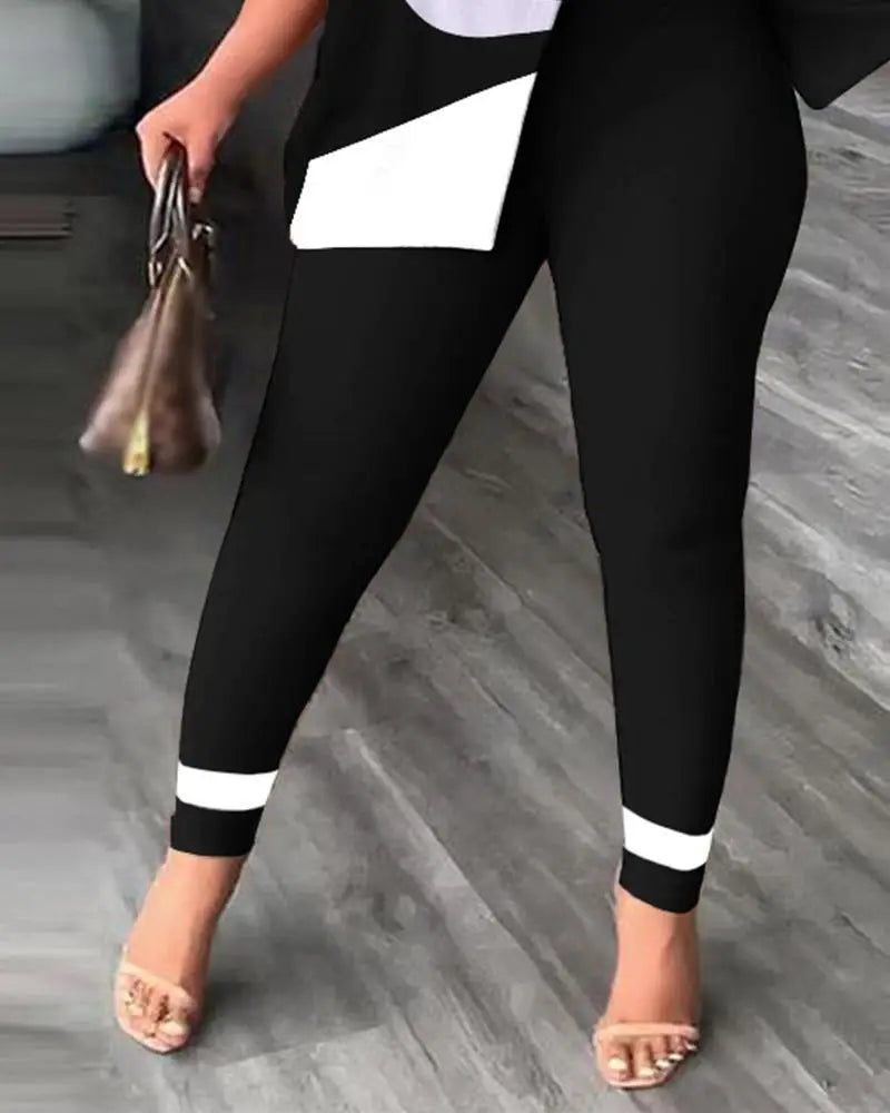 Conjuntos de dos piezas elegantes para mujer, nueva moda, estampado, top de manga con volantes, conjunto de pantalones de color sólido con cinturón, blusas, ropa femenina