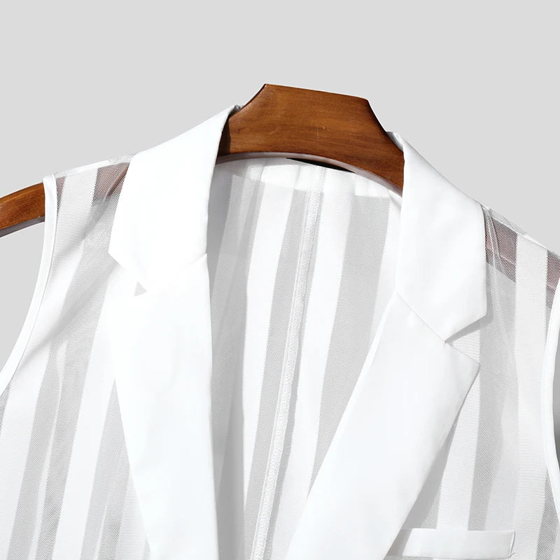 Men Vests Mesh Striped Transparent Sexy Lapel Sleeveless One Button Male Waistcoats Streetwear 2025 Fashion Casual Vests INCERUN