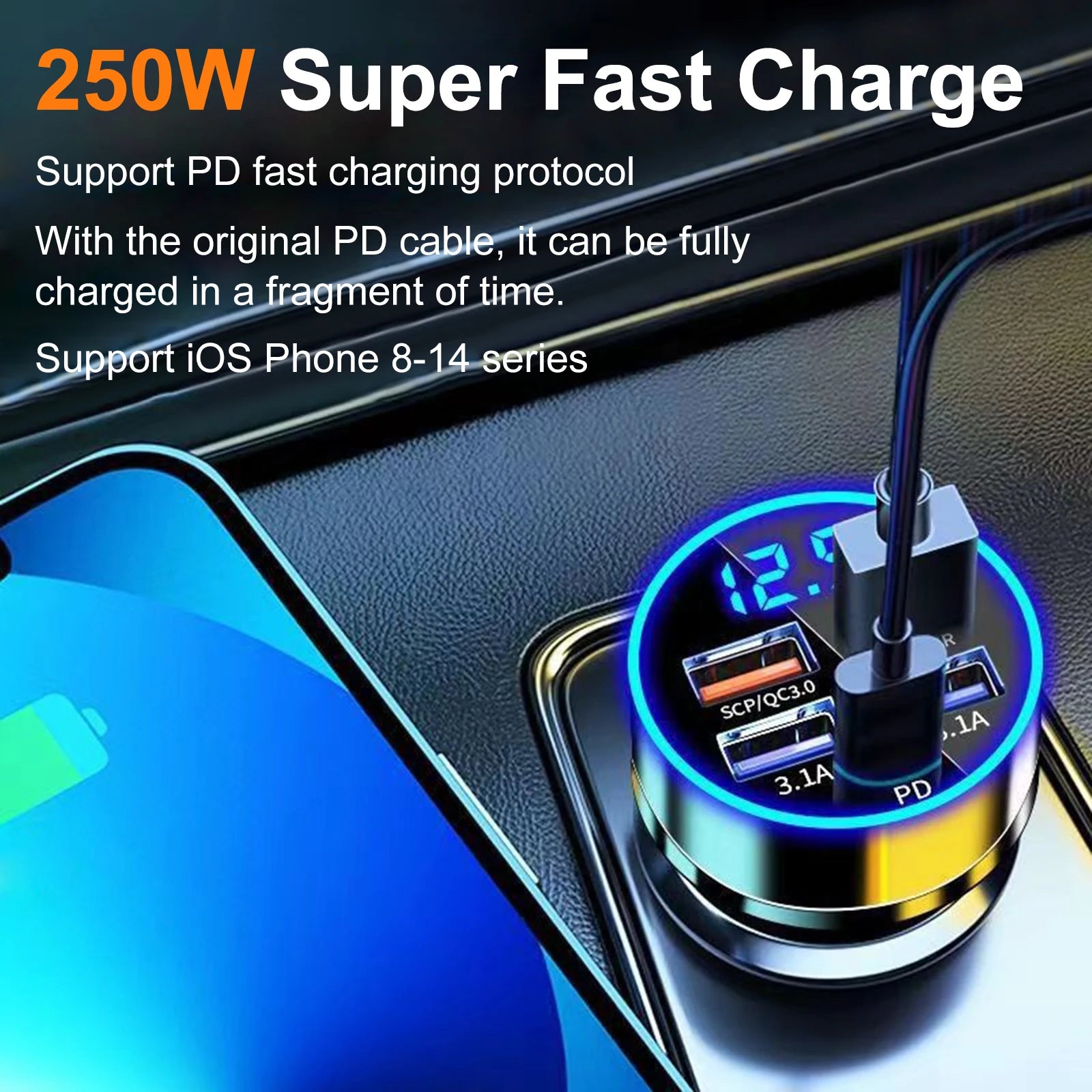 250W LED Car Charger Adapter 4 Ports USB Super Fast Charging Adapter Type C PD Car Phone Charger for Various Smartphones