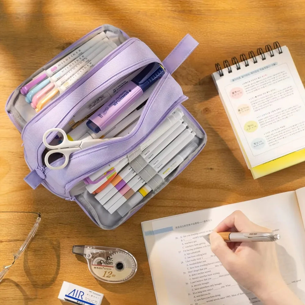 Trousse à crayons 3/4 compartiments multicouches grande capacité pour écoliers, compartiment transparent pour stylos