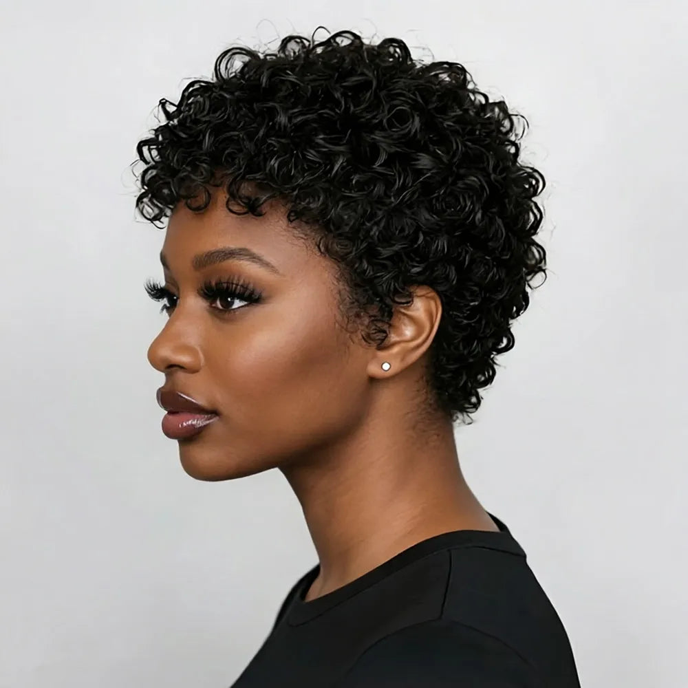 pixie cut wig short afro curly human hair wig for women daily party use wig machine made pixie wig black color