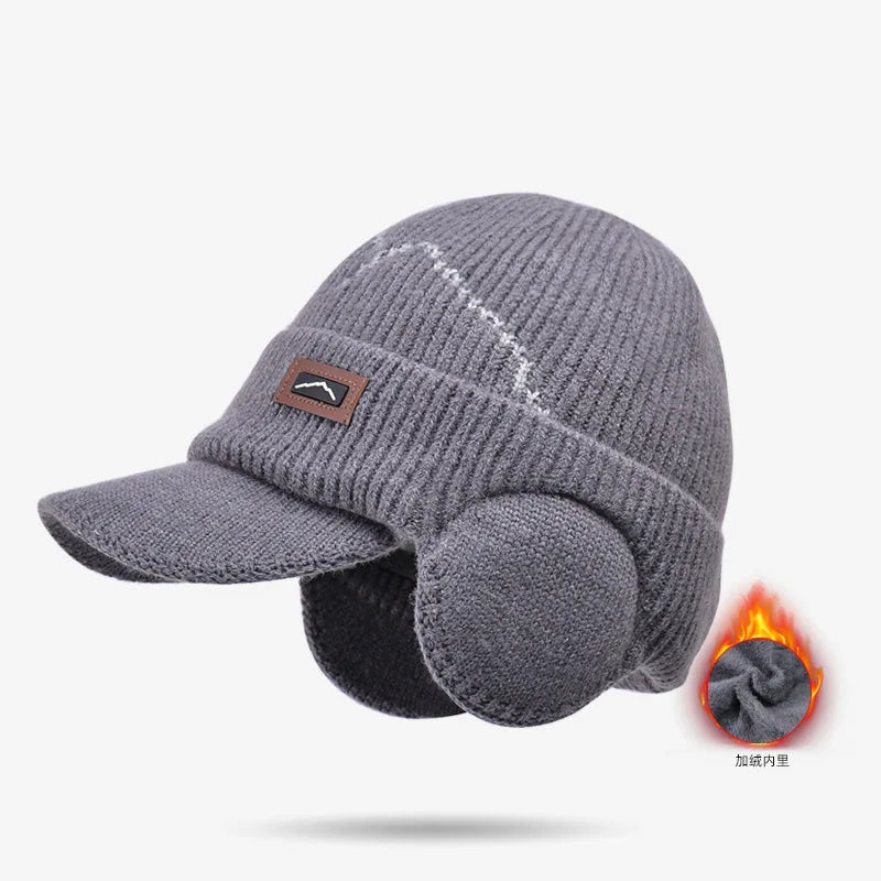 Men's Thermal Cycling Cap with Ear Flaps Winter Fleece Lined Knit Hat for Cold Weather Outdoor Bike Riding