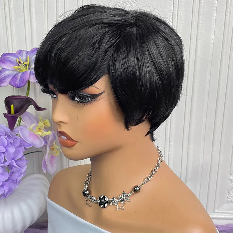 Short Straight Human Hair Wigs Highlight Color Brazilian Remy Hair Pixie Cut Wig Cheap Human Hair Machine Wig For Black Women