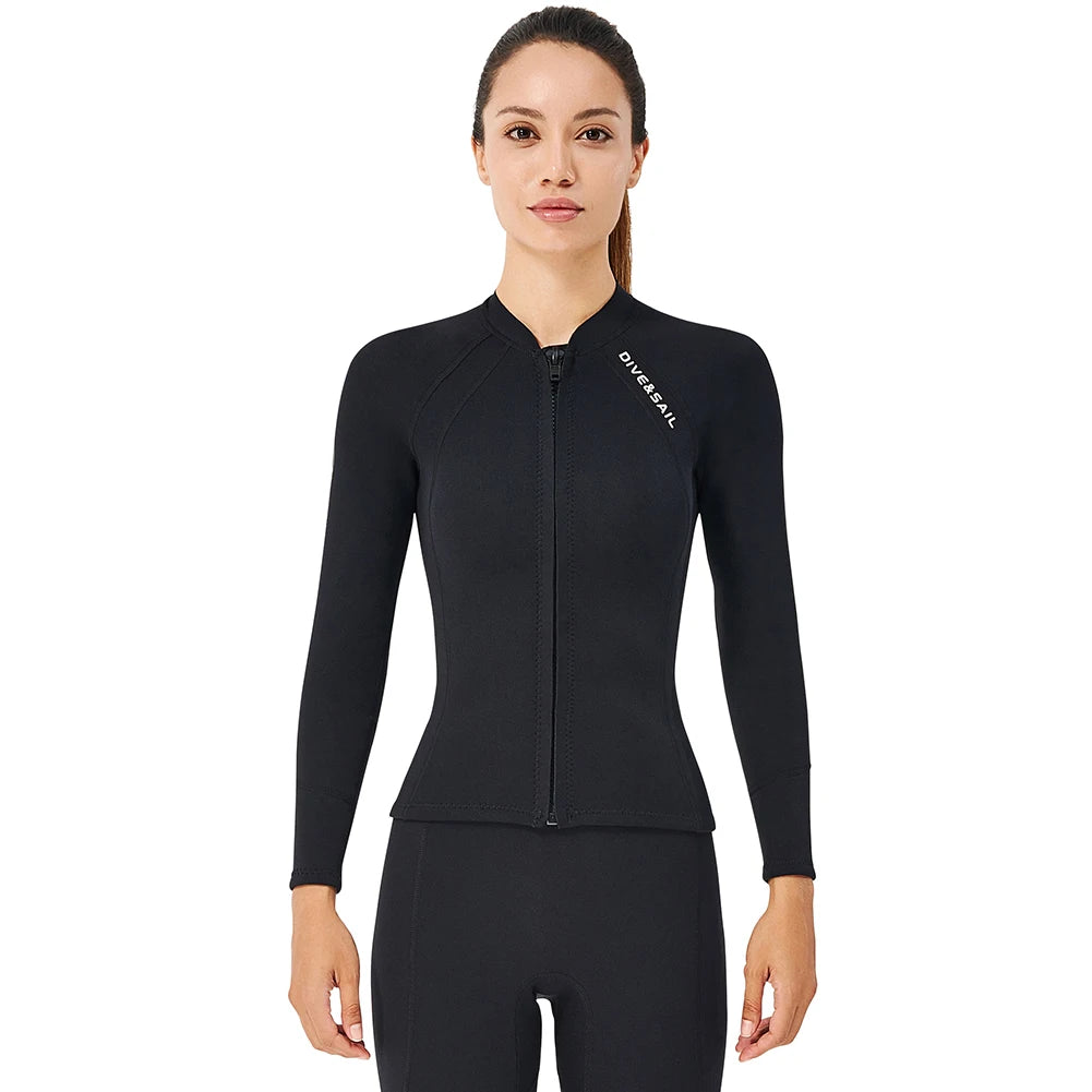 Traje de neopreno de 2 mm para mujer, con cremallera, chaqueta de buceo de manga larga, abrigo de esnórquel, chaqueta de surf para mujer, ropa de baño térmica, equipo