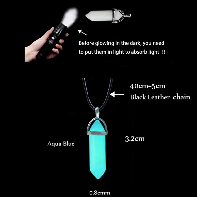 Collar de Columna Hexagonal Fluorescente de Piedra Luminosa Oscura, Cristal Natural que Brilla en la Oscuridad, Colgante de Bala, Joyería de Moda de Cuero, Regalo