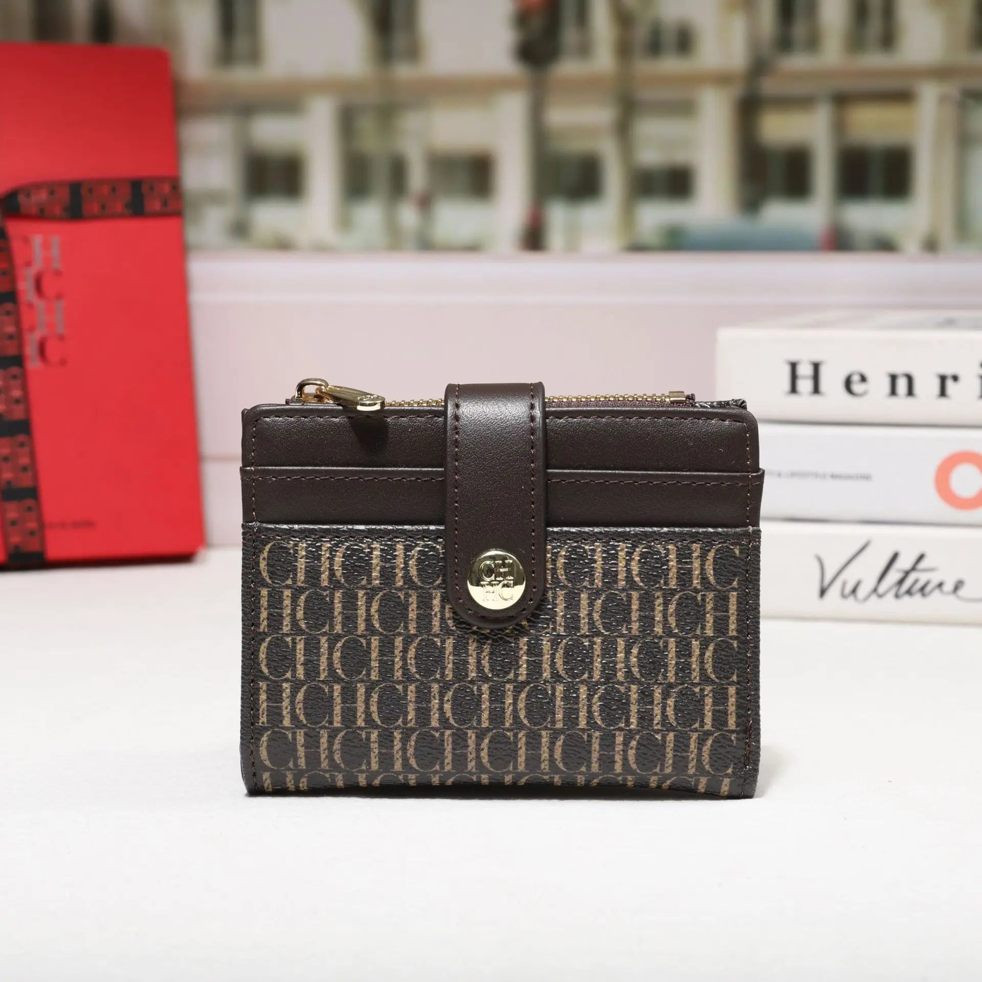 Cartera CH Luxury Classic plegable pequeña y ligera para mujer, cartera retro con estampado, mini tarjetero, monedero multifunción para tarjetas de identificación