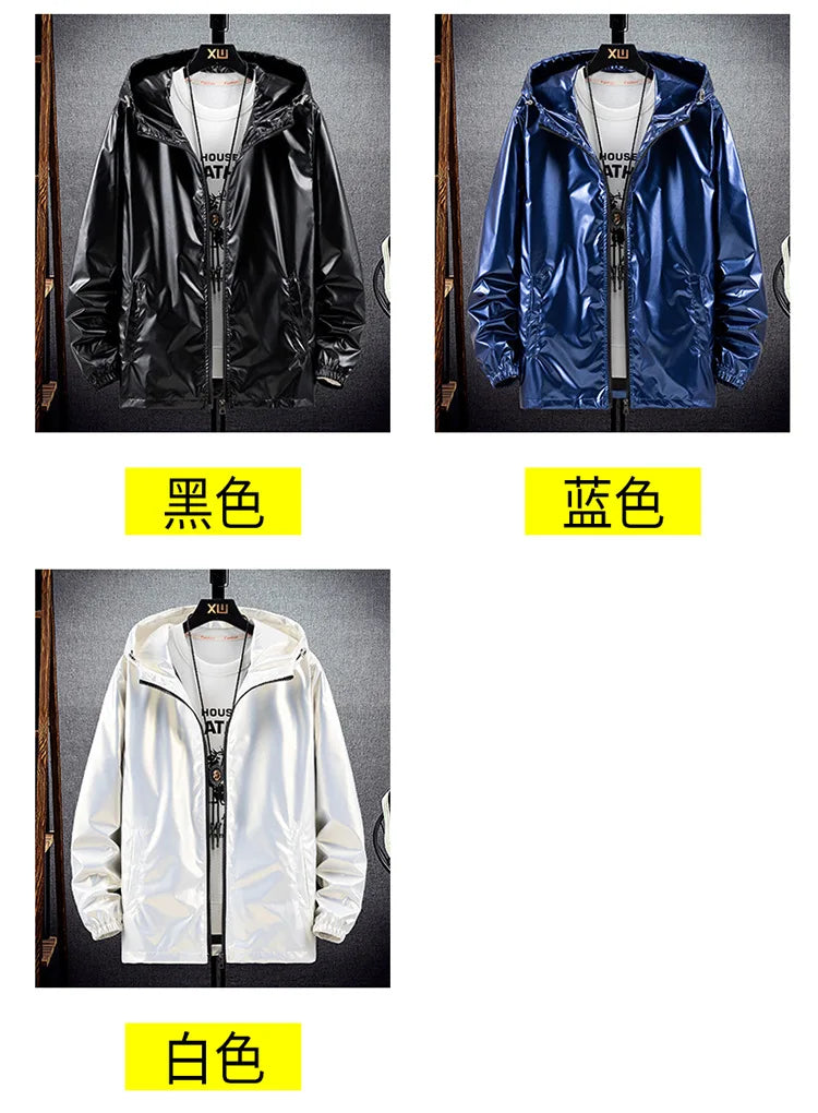 Chaquetas con capucha de superficie brillante para hombre, para senderismo, pesca, deportes al aire libre, cortavientos, estilo fino, abrigos de tendencia, ropa de hombre 7XL
