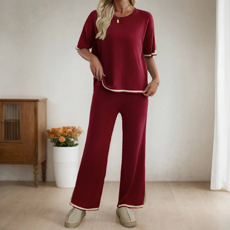 Conjunto de dos piezas de ropa de mujer, moda primavera verano, informal, cuello redondo, blusa de manga corta, pantalones de pierna ancha a juego