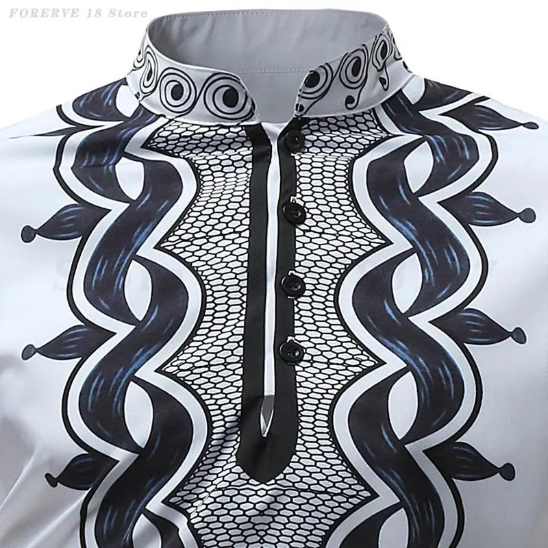 Man African Clothes Fashion Printed Shirts Tops White Long Sleeved Blouse Loose Casual Men's Plus Size 3XL Africa Muslim Dashiki