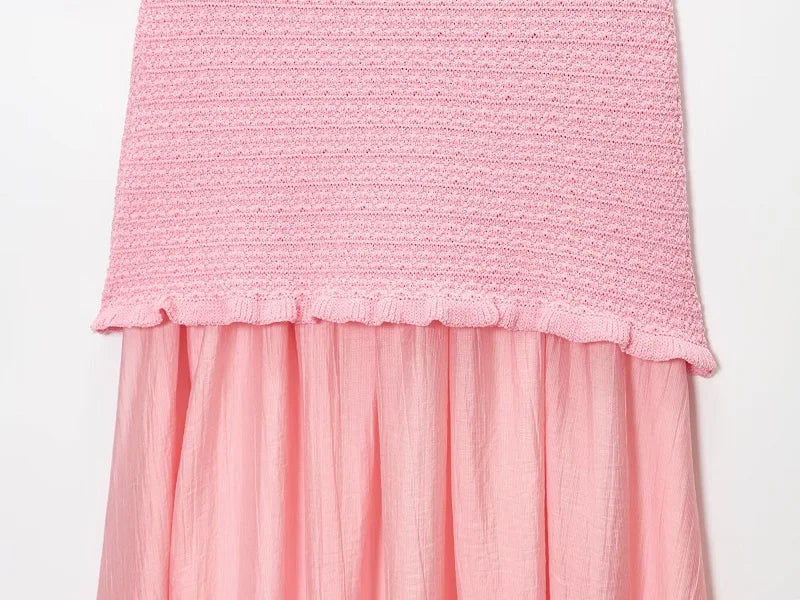 MUJER Conjunto de Falda Tejida Rosa 2 Piezas Falda Larga Plisada para Mujer Top con Volantes sin Hombros Conjunto de Faldas para Mujer Atuendo de Verano