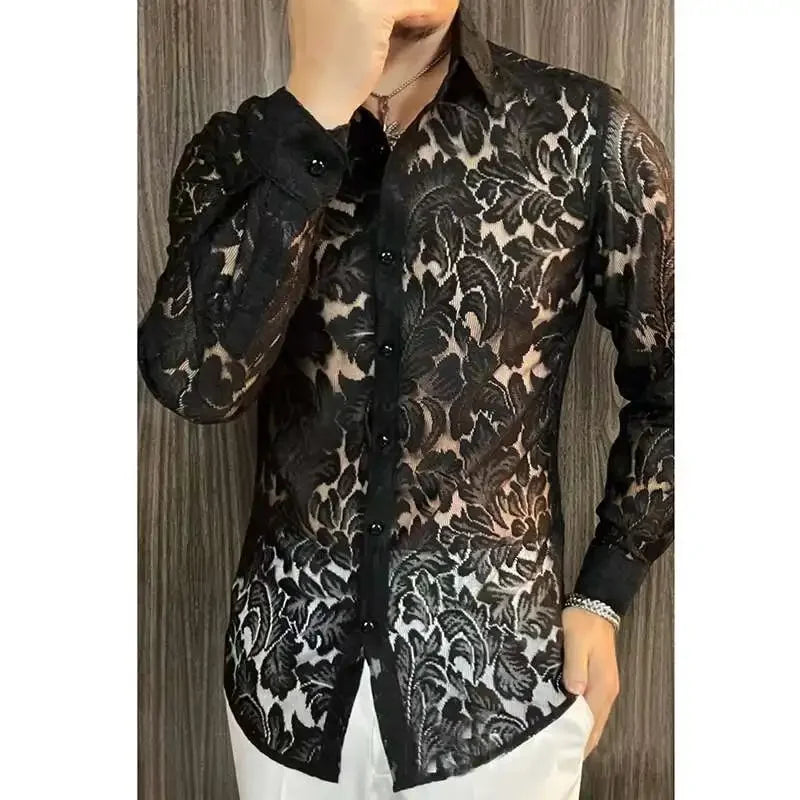 Men's Slim Fit Shirt Spring Transparent Long Sleeved Shirt Men Nightclub Sexy Casual Social Party Singer Shirt