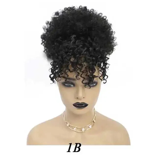Synthetic Afro Puff Hair Bun Extensions Drawstring Ponytail With Bangs Short Kinky Curly Pineapple Clip in on Wrap Updo Ponytail