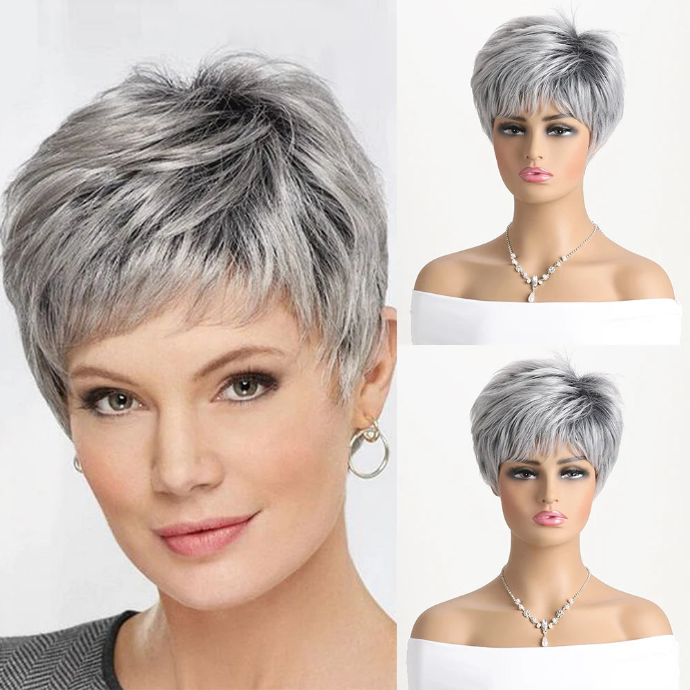 Short Natural Wigs with Bangs Soft Mommy Hair Daily Use Short Grey Ombre Curly Synthetic Hair Costume Party Wig for Women