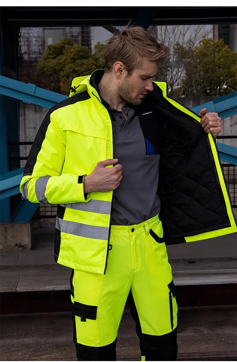 Trajes de trabajo de alta visibilidad amarillos para el invierno, conjunto de chaqueta impermeable de alta visibilidad 3 en 1 con forro y pantalones de trabajo para hombre