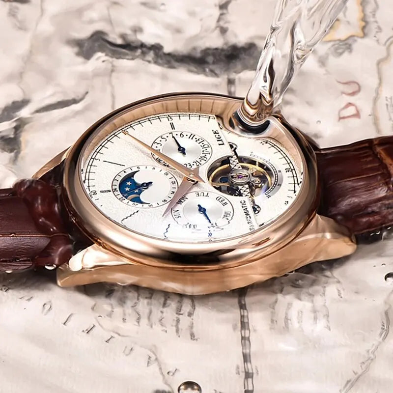 LIGE Relojes para hombre Reloj mecánico automático Reloj Tourbillon Piel auténtica Reloj impermeable Reloj de pulsera militar para hombre