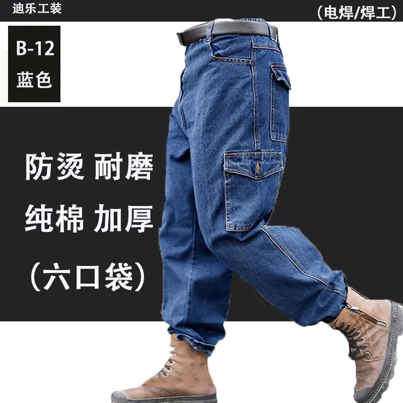 Peto pantalón ropa de hombre pantalones resistentes al desgaste anti-escaldaduras engrosamiento algodón ropa de trabajo de mezclilla pantalones de trabajo múltiples bolsillos