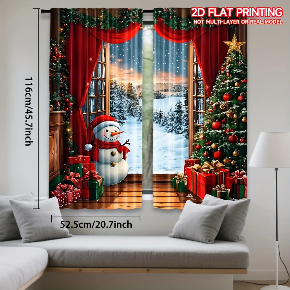 2 cortinas navideñas: Papá Noel, muñeco de nieve y encanto festivo