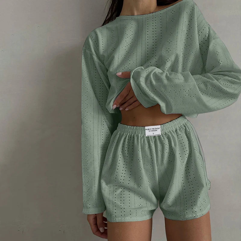 Conjunto de pijama para mujer, ropa de dormir, ropa de descanso, otoño, suave y cómodo, tops de manga larga con pantalones cortos, pijama de mujer, ropa de casa, 2 piezas