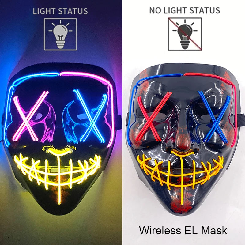 Máscara de purga LED de neón inalámbrica, que brilla en la oscuridad, máscara de cosplay de terror para Halloween, máscaras de fiesta de disfraces, accesorios luminosos divertidos