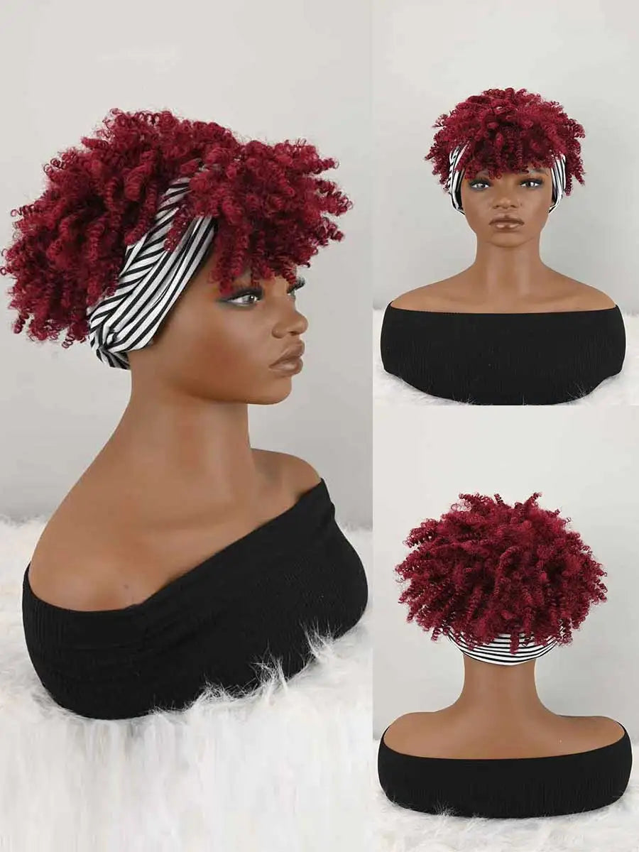Headband Wig Curly Headband Wig With Bangs For Women Synthetic Afro Curly Hair Wig With Headband Attached Short Kinky Curly Afro High Puff With Bangs Stripes Short Red Curly Wigs with Bangs for Women, Natural Wavy Synthetic W
